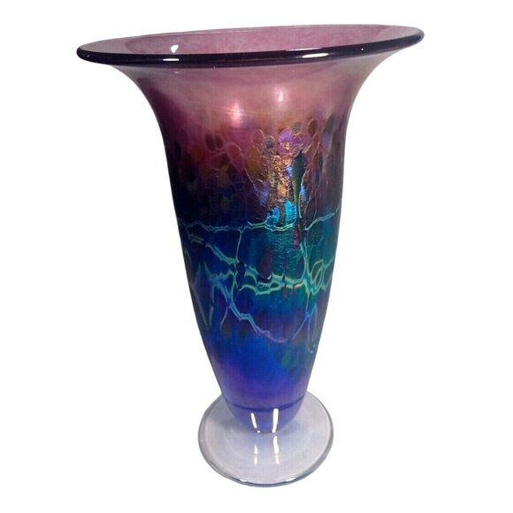 ROBERT HELD LARGE SIGNED TRUMPET CANADIAN IRIDESCENT ART GLASS ART DECO  VASE - Picture 1 of 16